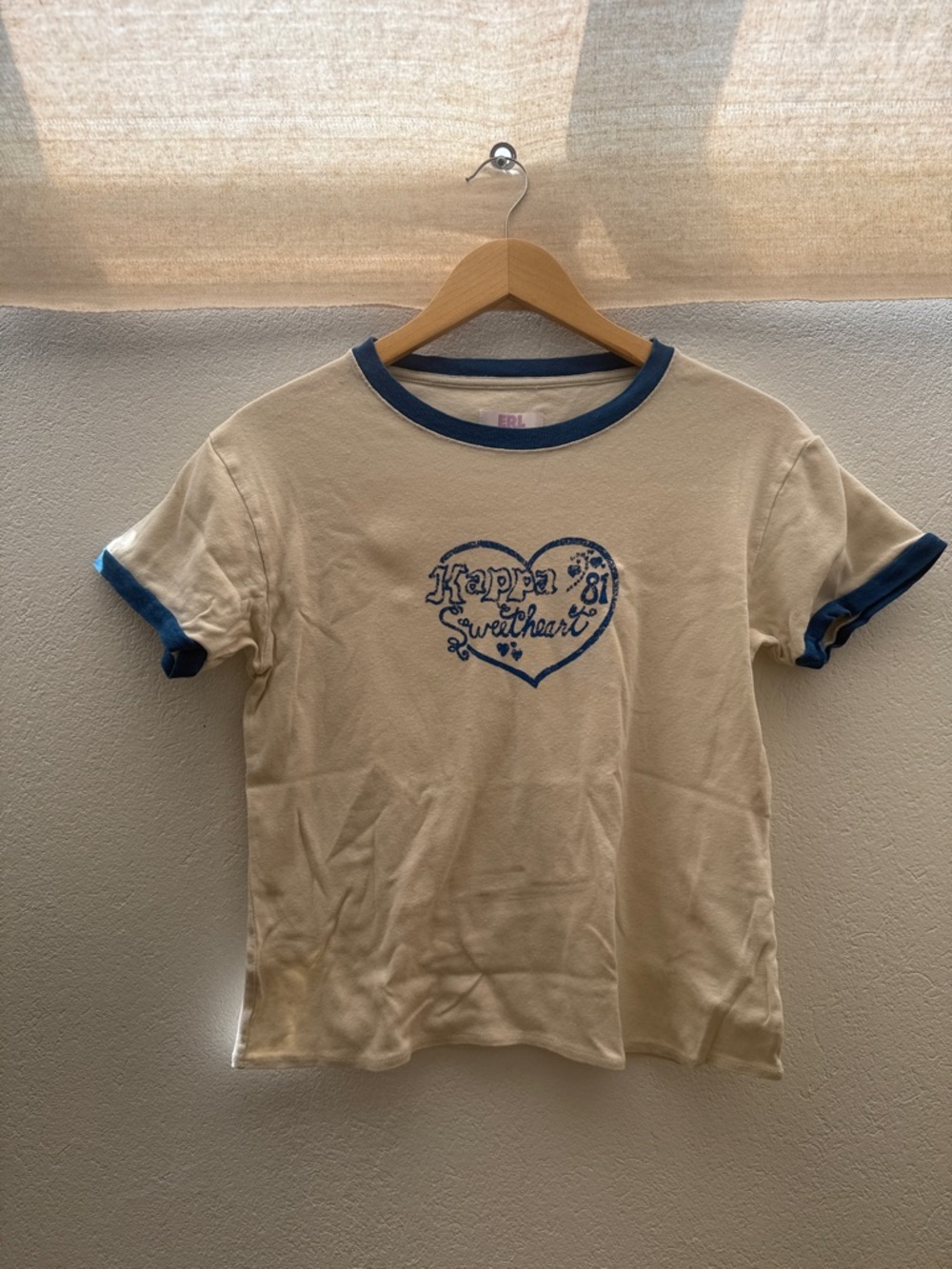 ERL Venice Beach “Kappa ’81 Sweetheart” Ringer Tee – Cream/Blue | XS